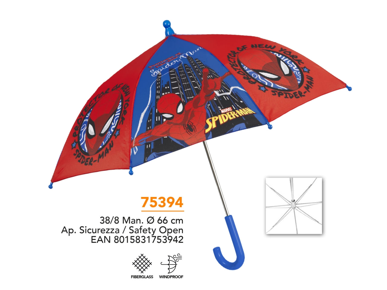 Ombrello Spiderman per bambino con apertura manuale rosso e blu - Perletti