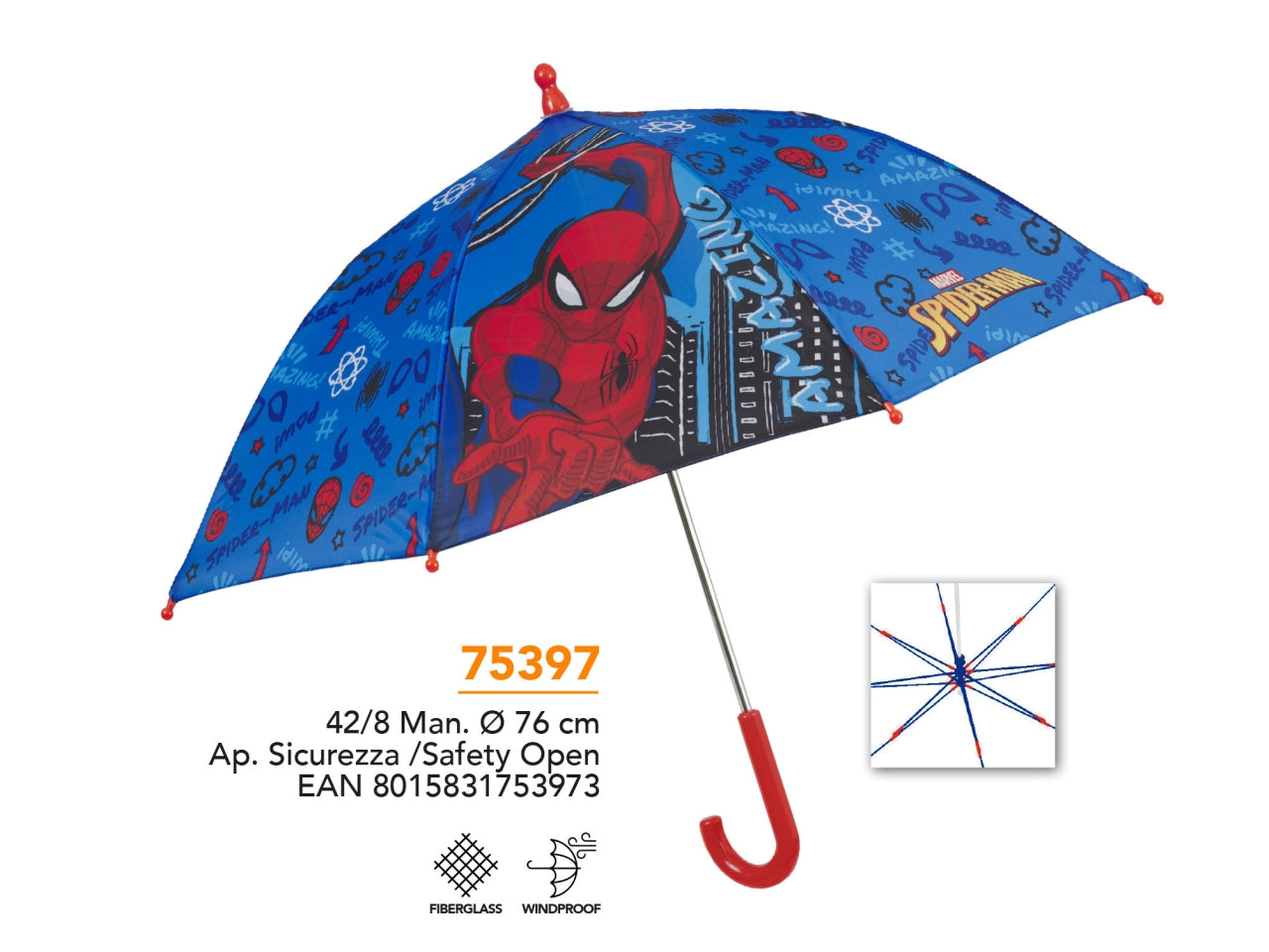 Ombrello Spiderman da bambino con apertura automatica rosso e blu - Perletti