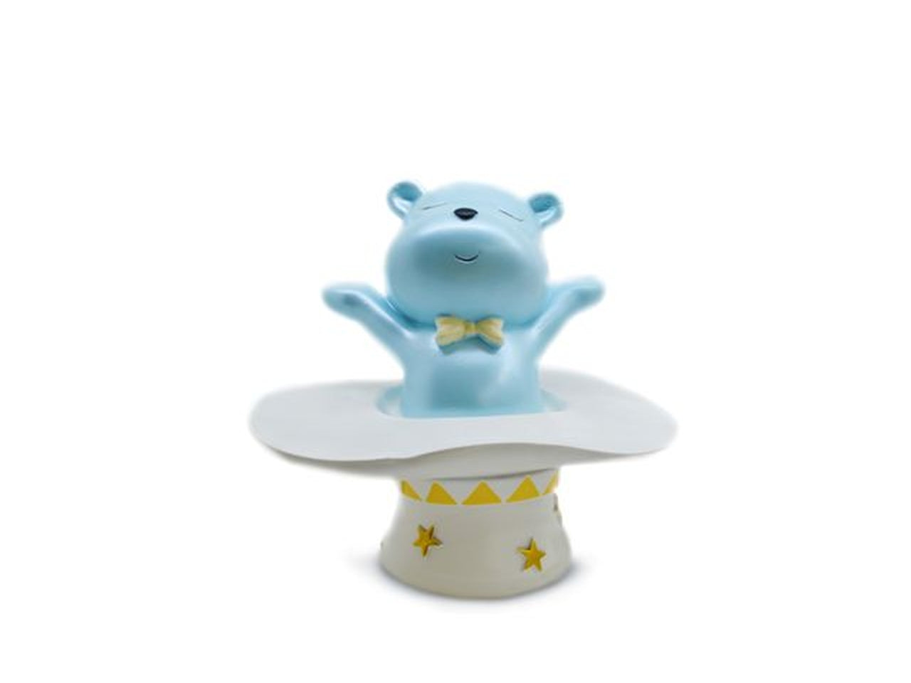 Salvadanaio bomboniera nascita bimbo a forma di orsetto e cilindro celeste in resina 15x16cm - Sud Import