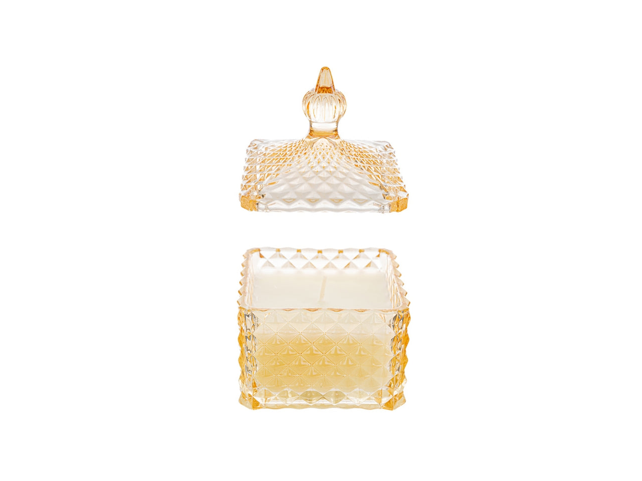 Candela profumata cannella e pepe bianco, vasetto vetro ambra e cera, forma quadrata con shopper avorio, 9,5x9,5x14 cm - Le Stelle