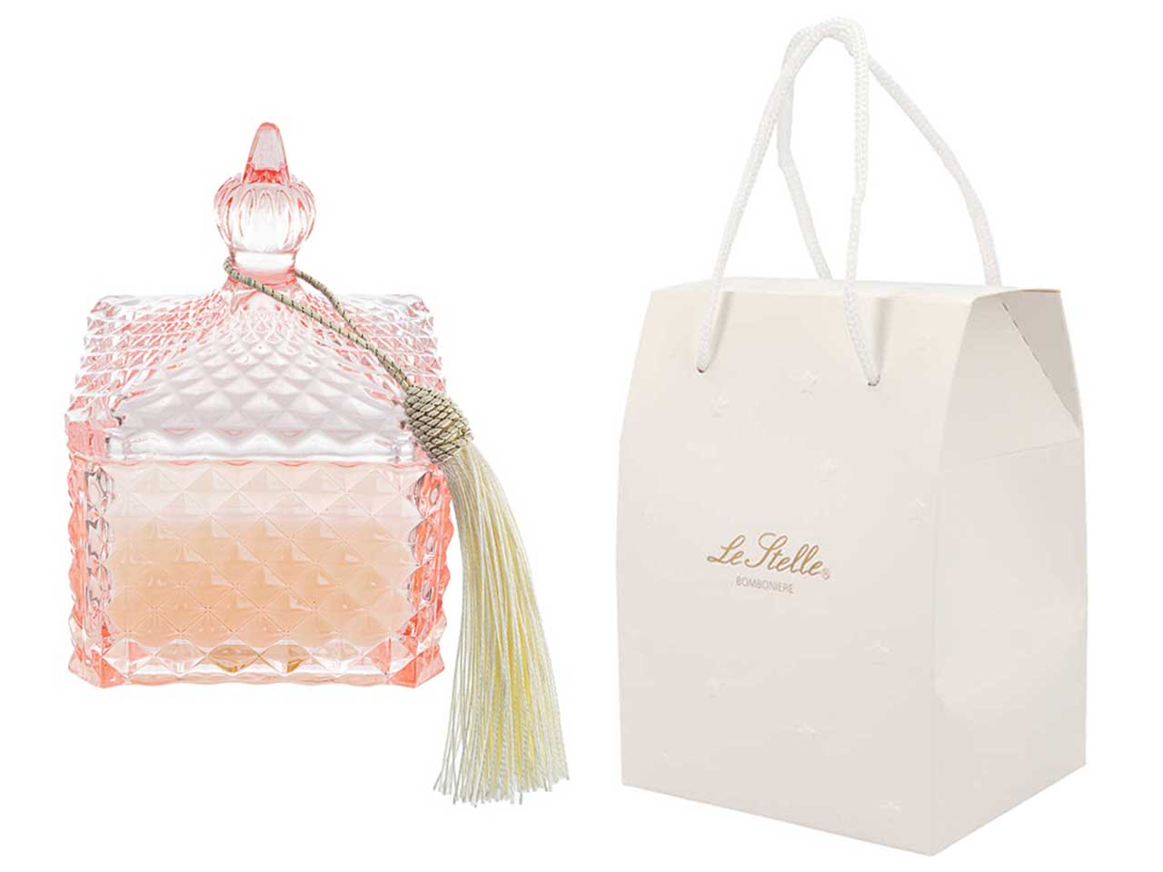 Candela profumata rosa inglese e vaniglia, vasetto vetro rosa e cera, forma quadrata con shopper avorio, 9,5x9,5x14 cm - Le Stelle