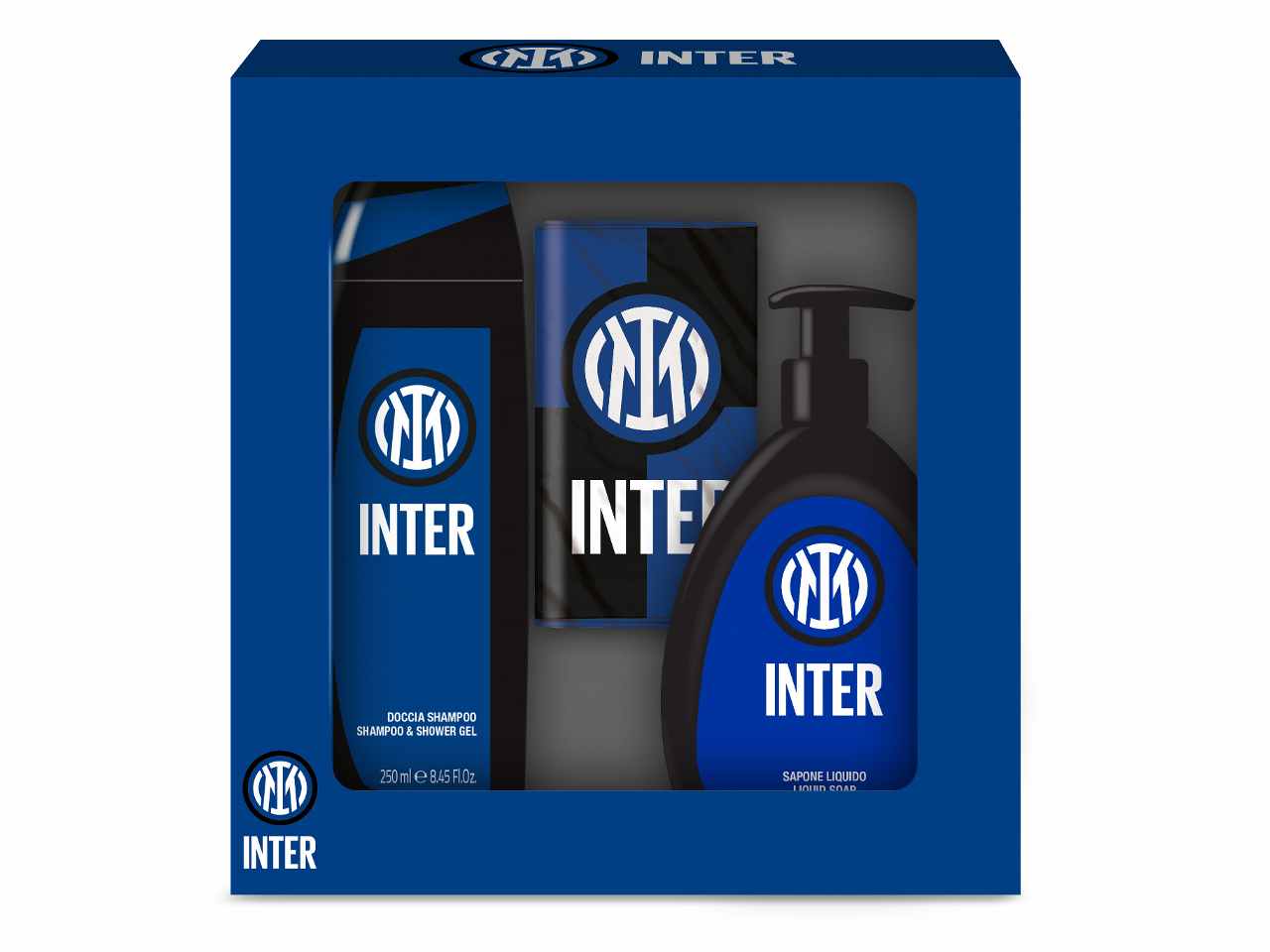 inter set regalo contenente doccia shampoo, sapone liquido e bandiera