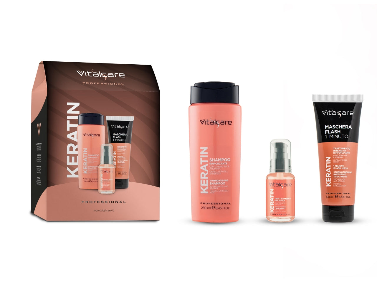 Vitalcare linea keratin confezione regalo contenente 1 shampoo rinforzante formato da 250ml, 1 maschera flash 1 minuto formato da 190ml e 1 trattamento rinforzante formato da 50ml