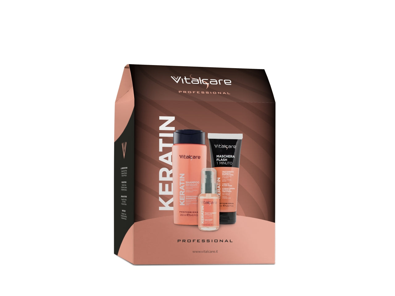 Vitalcare linea keratin confezione regalo contenente 1 shampoo rinforzante formato da 250ml, 1 maschera flash 1 minuto formato da 190ml e 1 trattamento rinforzante formato da 50ml