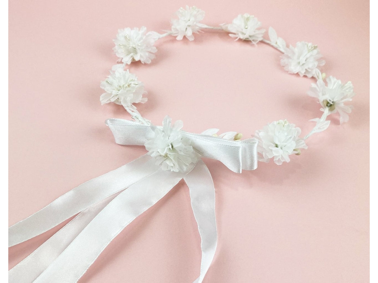 Coroncina cerimonia bianca con fiori e fiocco