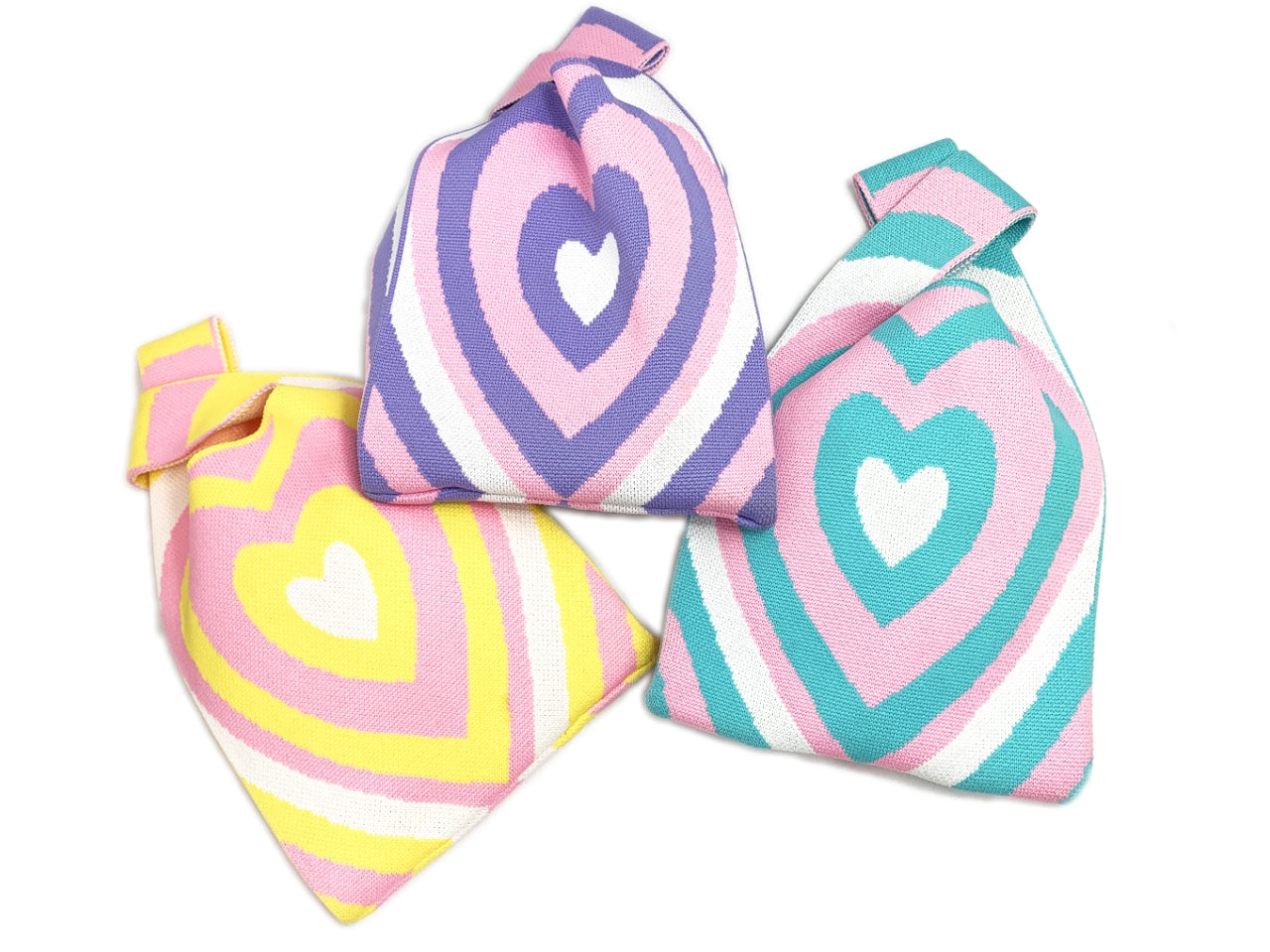 Borsetta bimba in tessuto giallo, lilla e verde acqua, effetto uncinetto con cuori 20x22 cm - Le Kikke