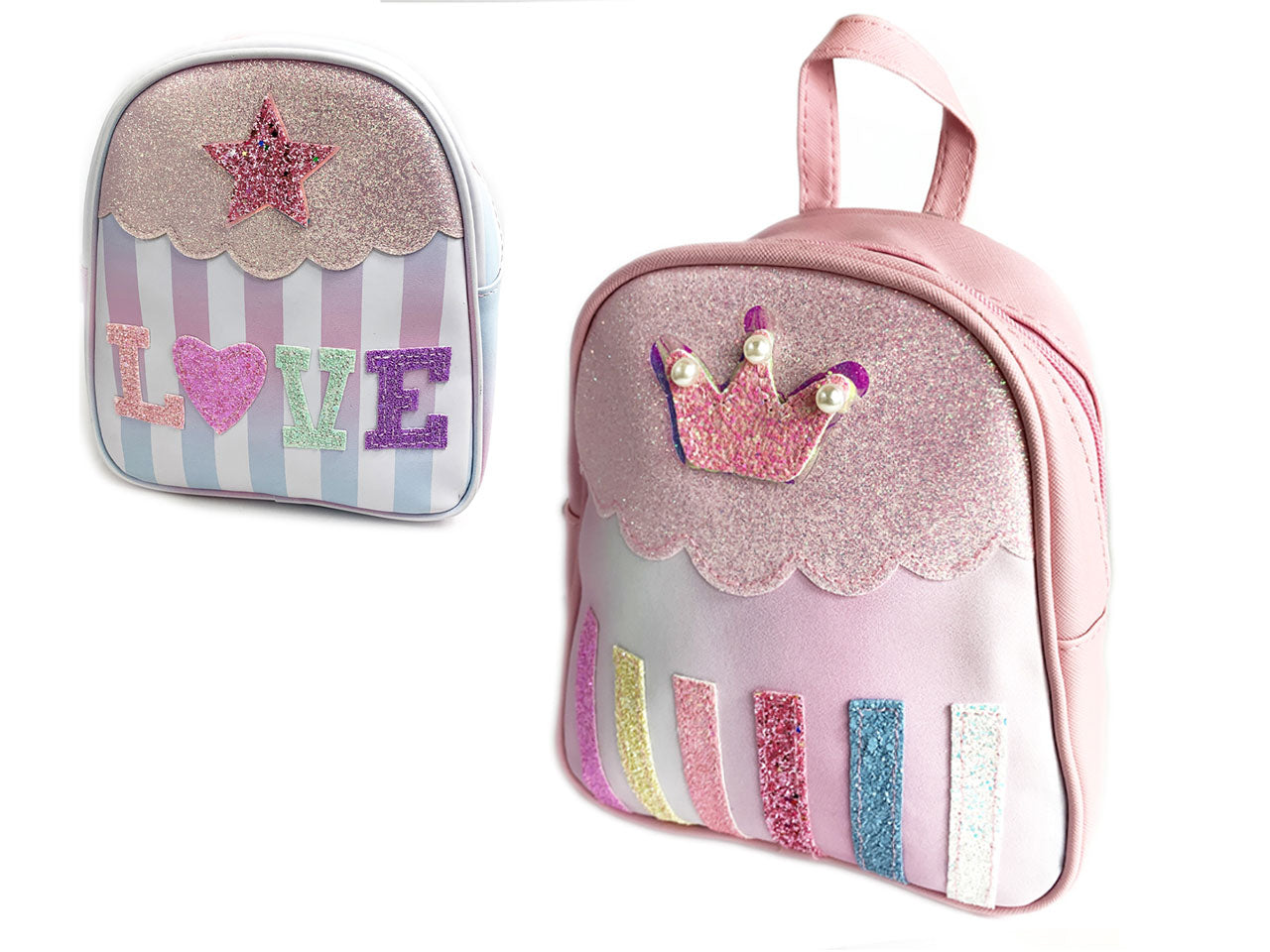 Zainetto bimba BK10059 in 2 colori assortiti - 100% pvc tessuto glitterato con decori a rilievo - 21,5x19,5x8 cm - Le Kikke