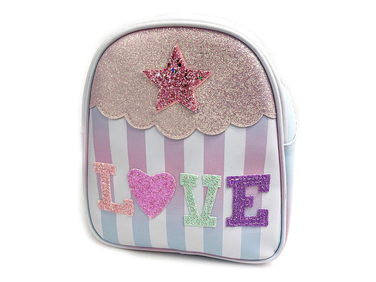 Zainetto bimba BK10059 in 2 colori assortiti - 100% pvc tessuto glitterato con decori a rilievo - 21,5x19,5x8 cm - Le Kikke