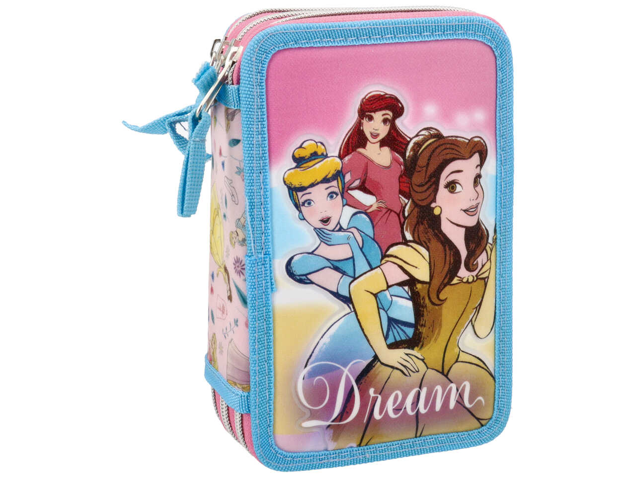 Astuccio Principesse 3 cerniere da bambina per scuola rosa e celeste 18x6x11 cm - Disney
