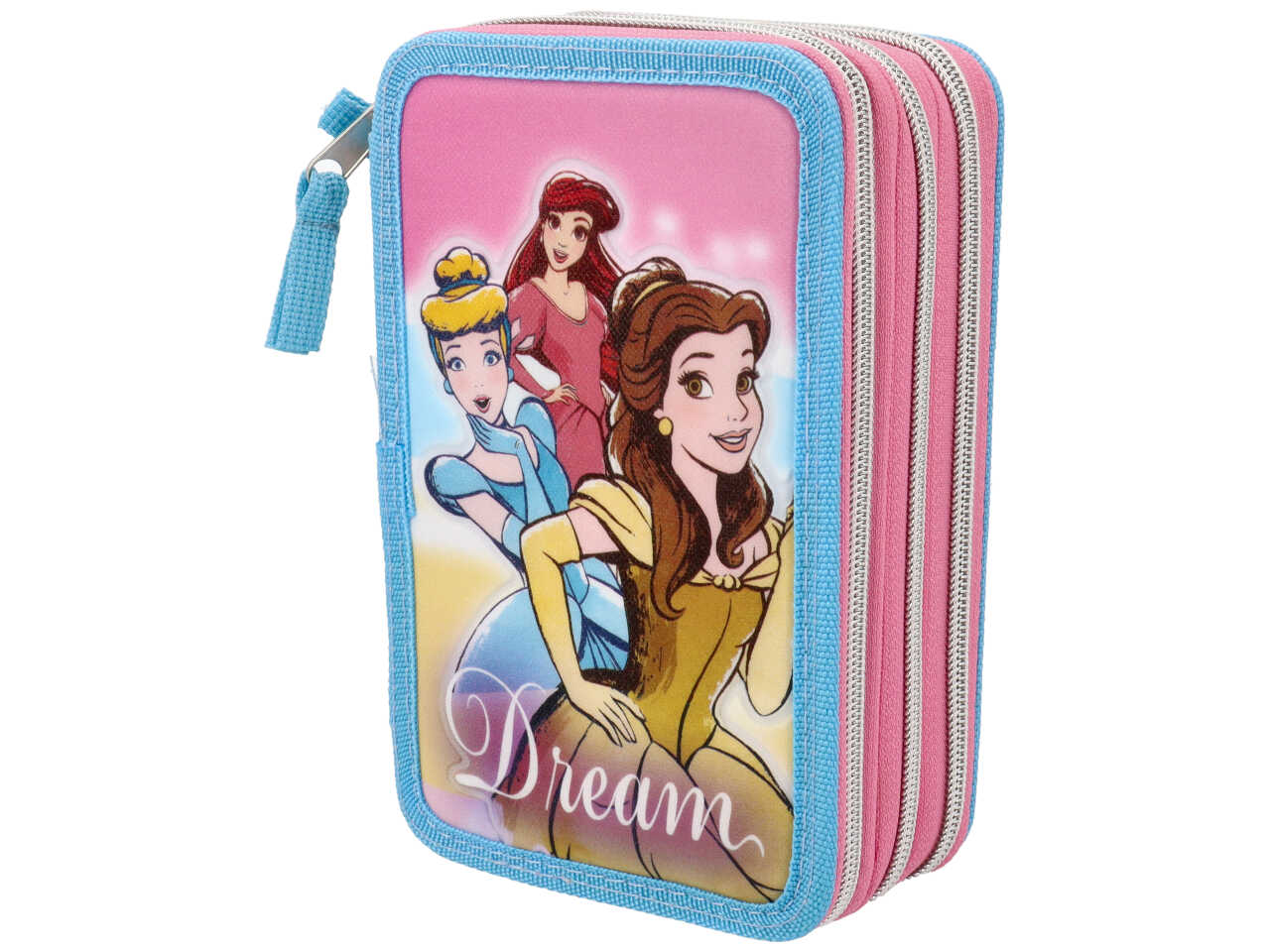 Astuccio Principesse 3 cerniere da bambina per scuola rosa e celeste 18x6x11 cm - Disney