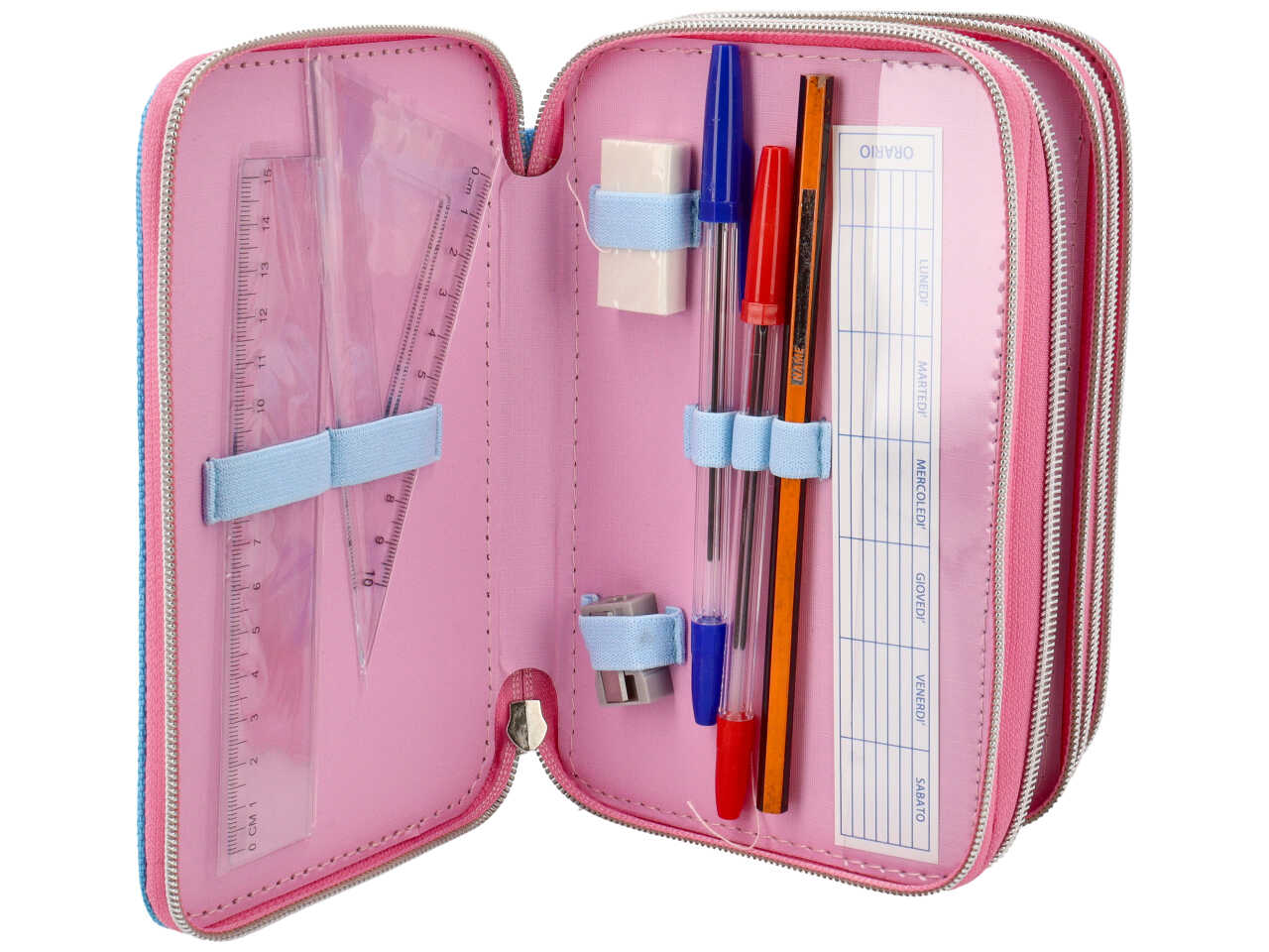 Astuccio Principesse 3 cerniere da bambina per scuola rosa e celeste 18x6x11 cm - Disney