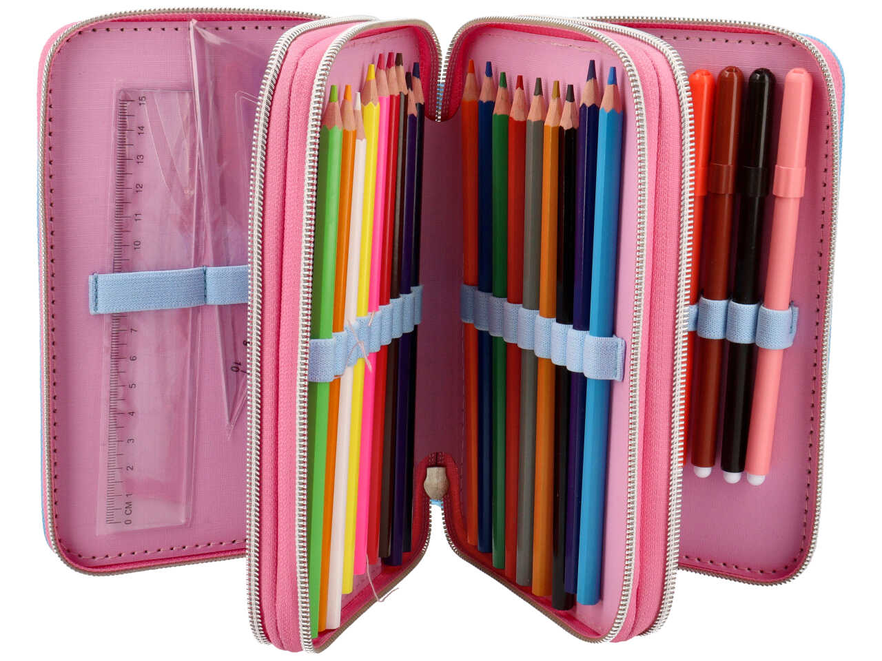 Astuccio Principesse 3 cerniere da bambina per scuola rosa e celeste 18x6x11 cm - Disney