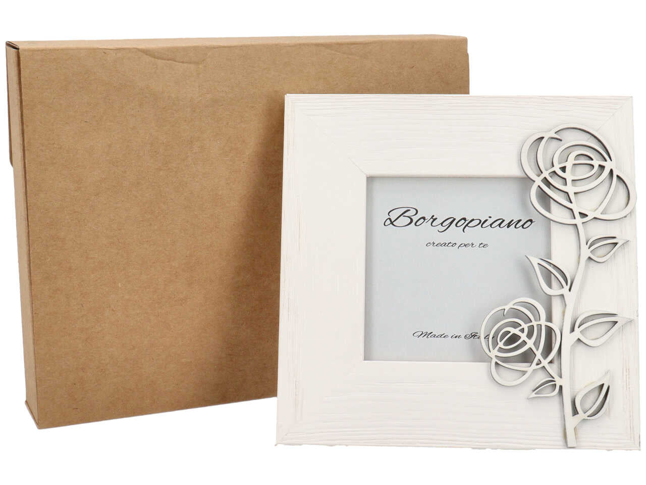Cornice portafoto bianca in legno effetto invecchiato con rosa in rilievo stile shabby chic - 10x10cm - Borgopiano