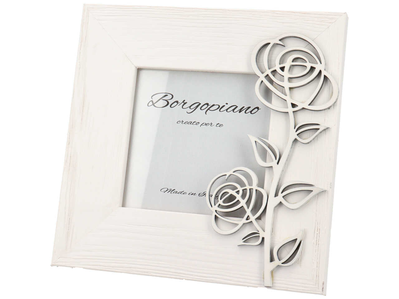 Cornice portafoto bianca in legno effetto invecchiato con rosa in rilievo stile shabby chic - 10x10cm - Borgopiano