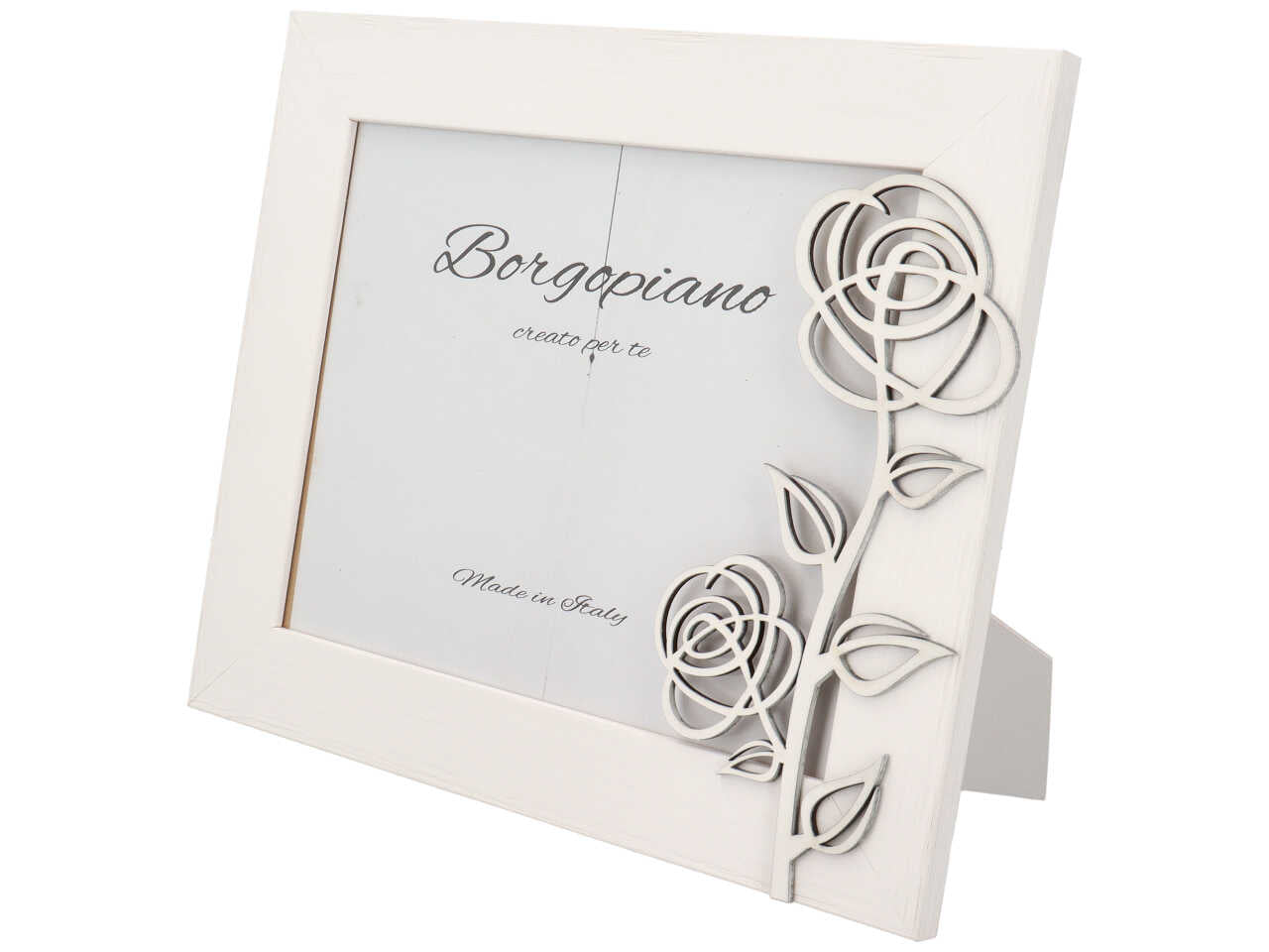 Cornice portafoto in legno effetto invecchiato bianco stile shabby chic con rosa in rilievo - 20x25 cm - Borgopiano