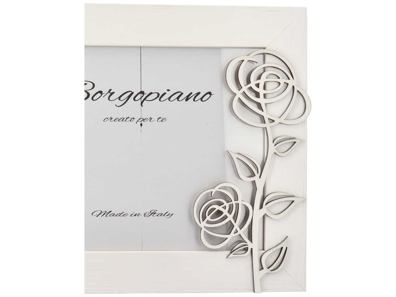 Cornice portafoto in legno effetto invecchiato bianco stile shabby chic con rosa in rilievo - 20x25 cm - Borgopiano