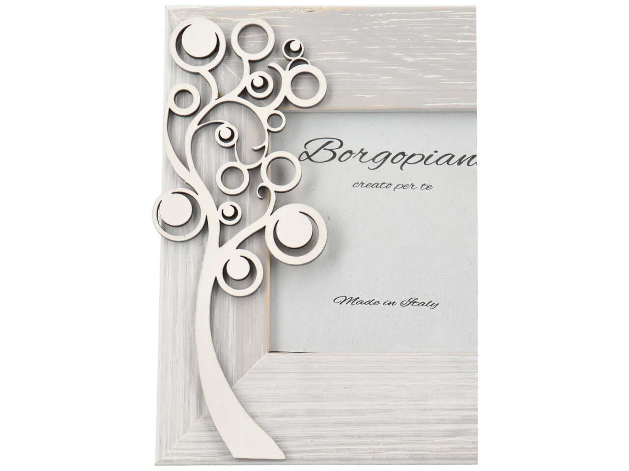 Cornice portafoto shabby chic in legno bianco effetto invecchiato, albero della vita in rilievo - foto 9x9cm - Borgopiano
