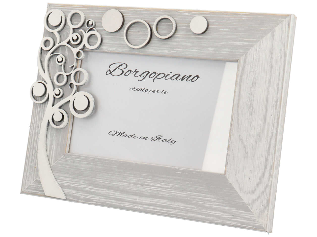 Cornice portafoto shabby chic in legno bianco effetto invecchiato, albero della vita in rilievo - foto 10x15cm - Borgopiano