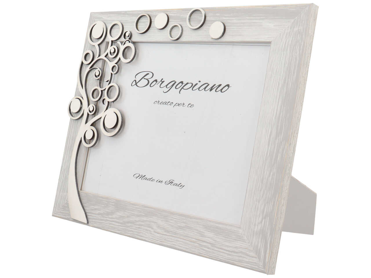 Cornice portafoto shabby chic in legno bianco effetto invecchiato, albero della vita in rilievo - foto 20x25cm - Borgopiano