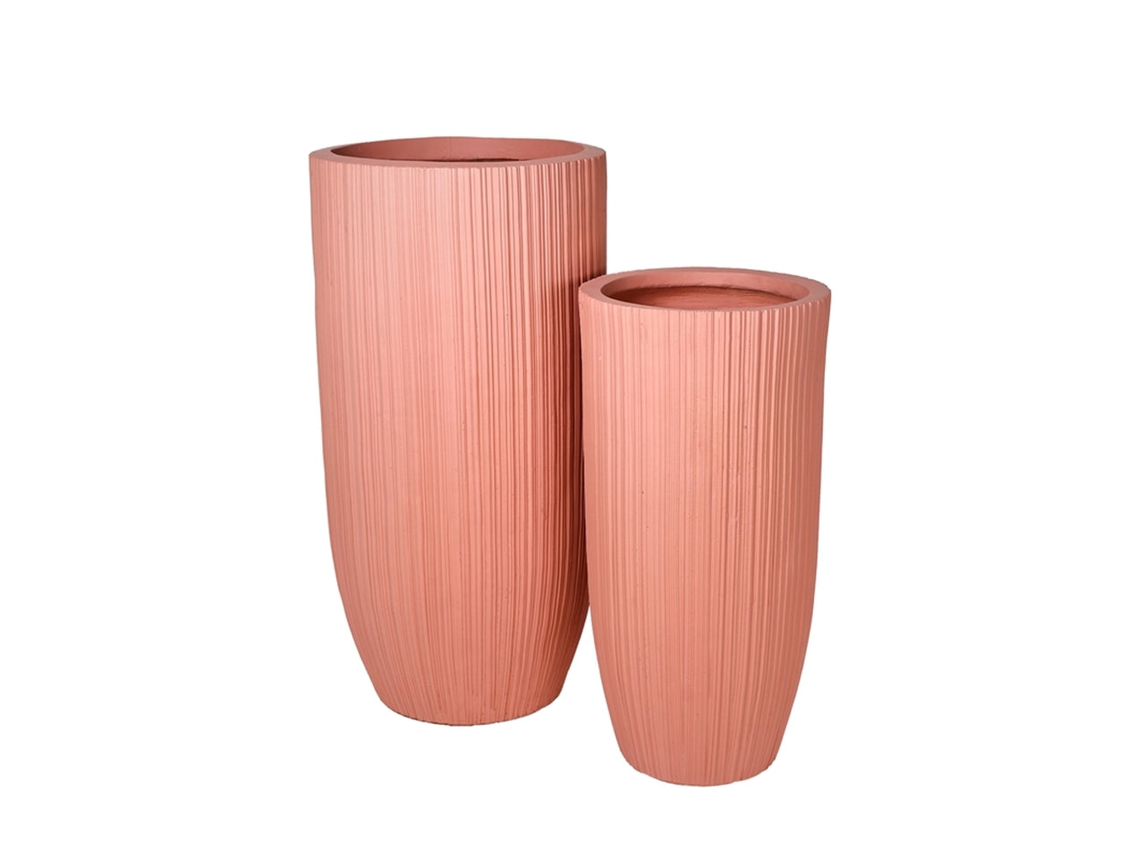 Vaso d'arredo moderno, in resina, rosa pesca, forma cilindrica con lavorazione a rilievo, uso interno/esterno, set da 2 - Plàthea