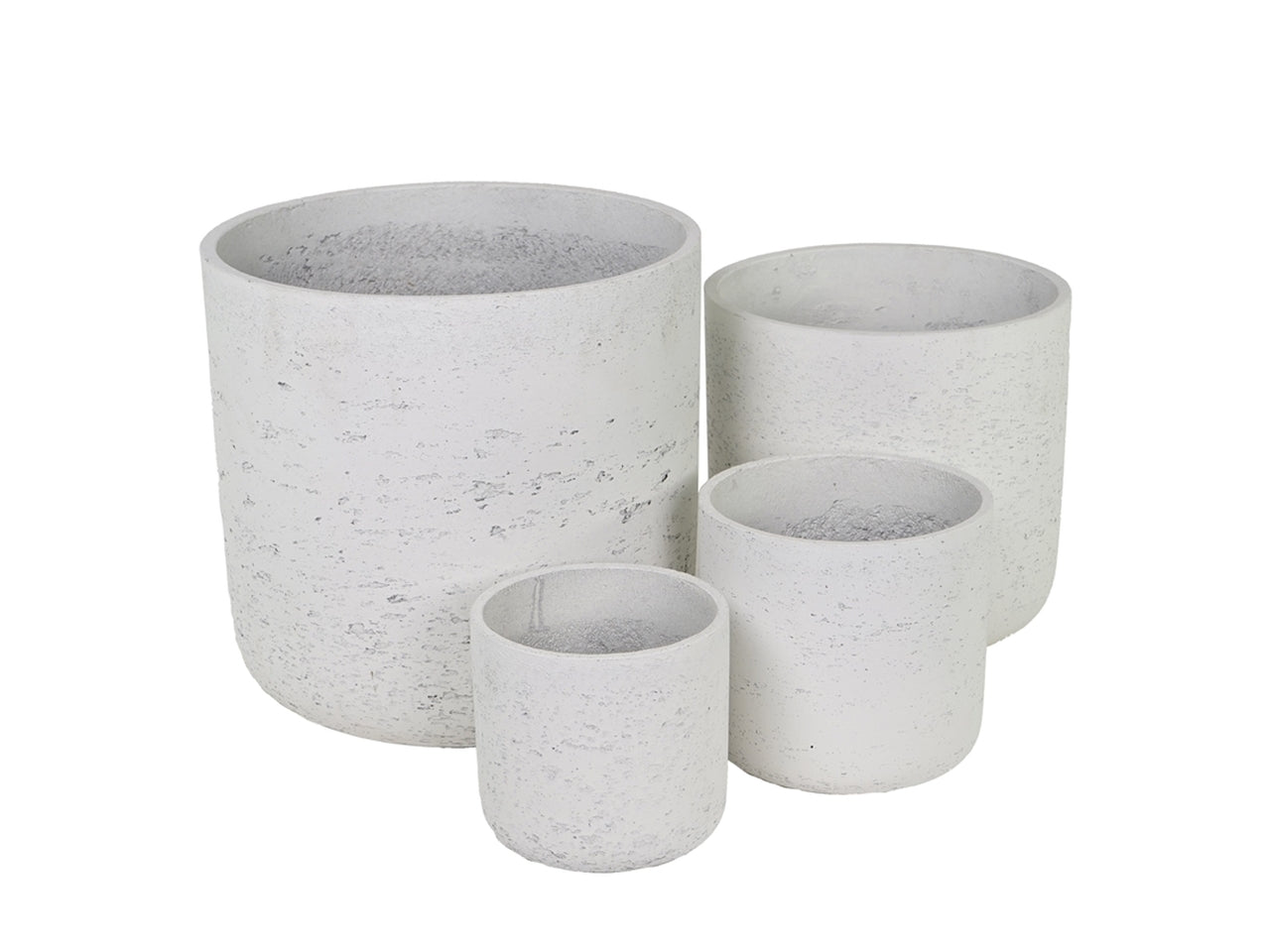Vaso cache pot per piantine moderno, in cemento effetto travertino, colore avorio, forma cilindrica, set da 4 pezzi - Plàthea