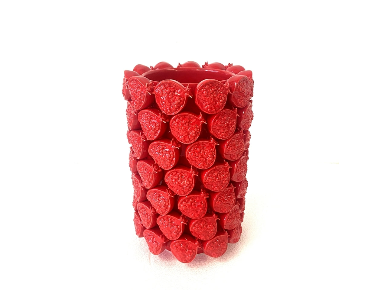 Vaso d'arredo moderno in ceramica rossa, cilindrico con melagrana a rilievo, per uso interno - 24x36cm - Plàthea
