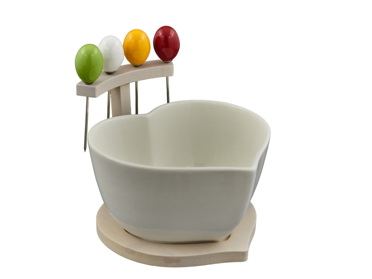 Ciotola bomboniera in ceramica e legno shabby chic a forma di cuore con 4 forchette infilza olive 13,5x15x12,5 cm - Melograno