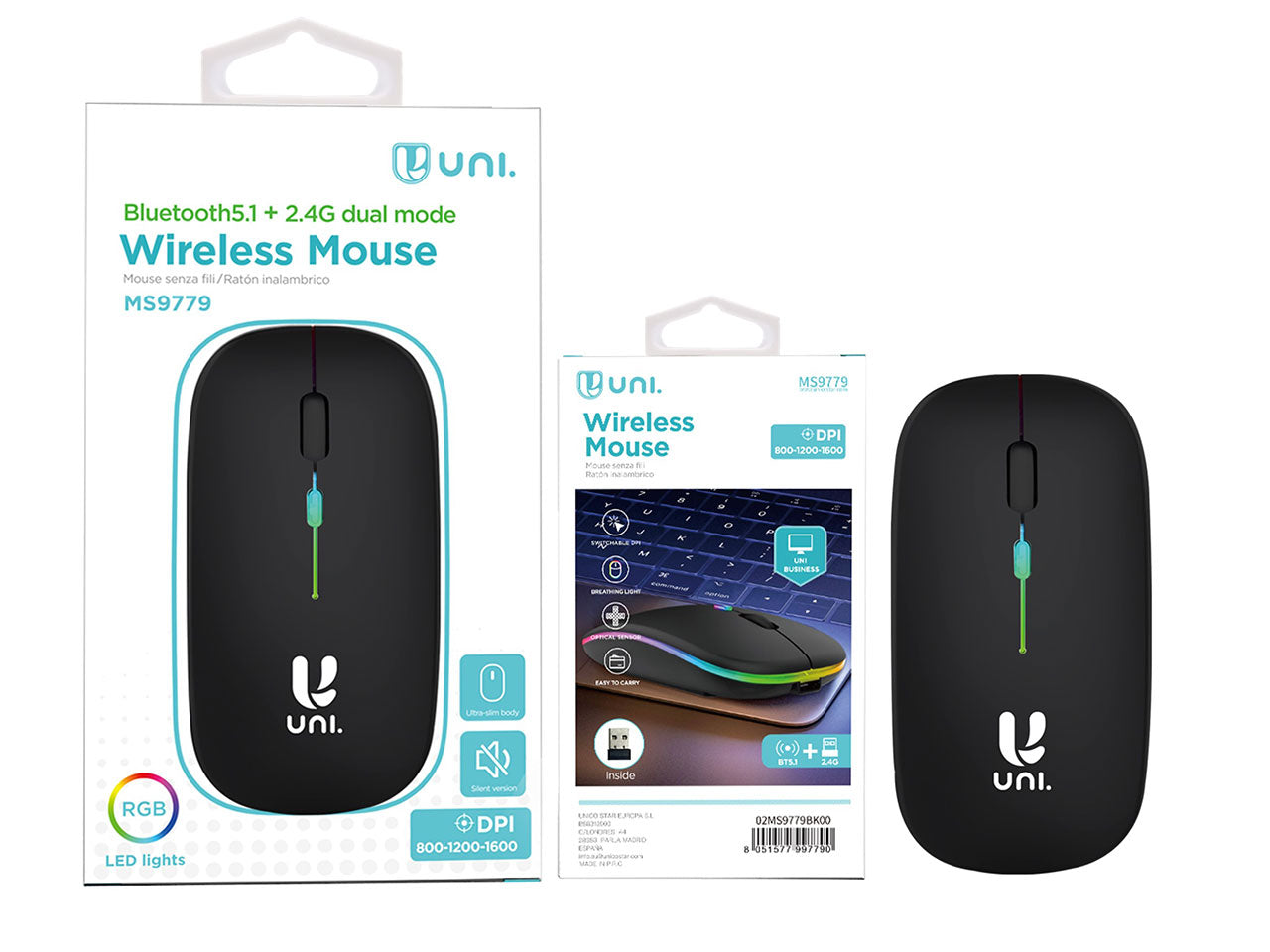 Mouse senza fili nero con led MS9779 - 10,5x5,5 cm - Unico