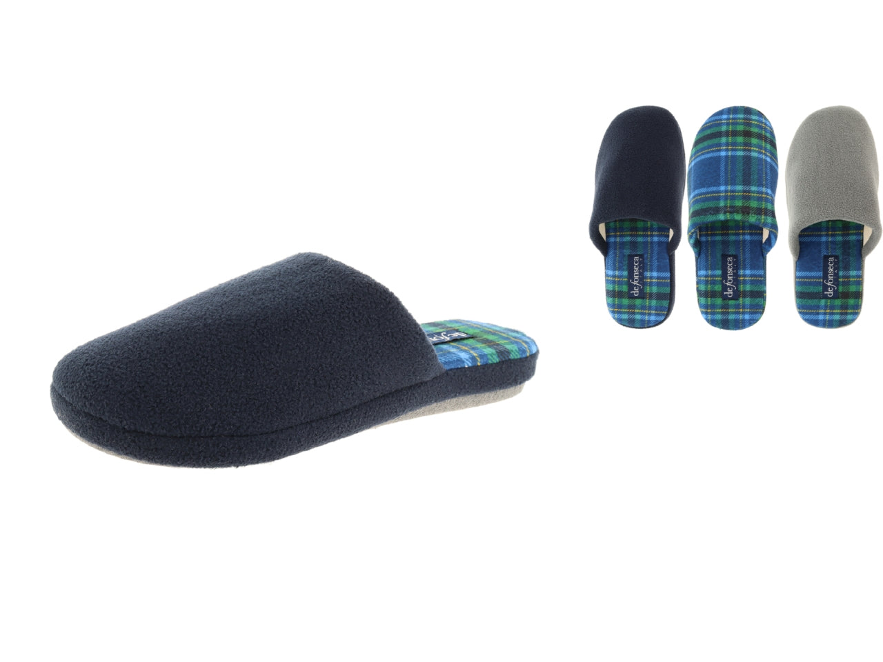 Pantofola uomo fantasia tartan blu verde e grigio in pile e cotone con suola rinforzata - DeFonseca