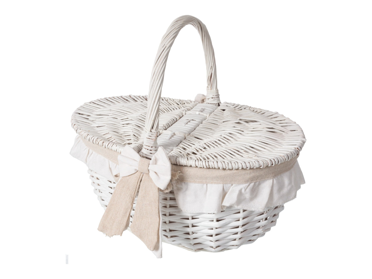 Cesta da pic nic shabby chic in rattan bianco con interno in tessuto e volant ecrù, 35x25x33 cm - Coccole di Casa