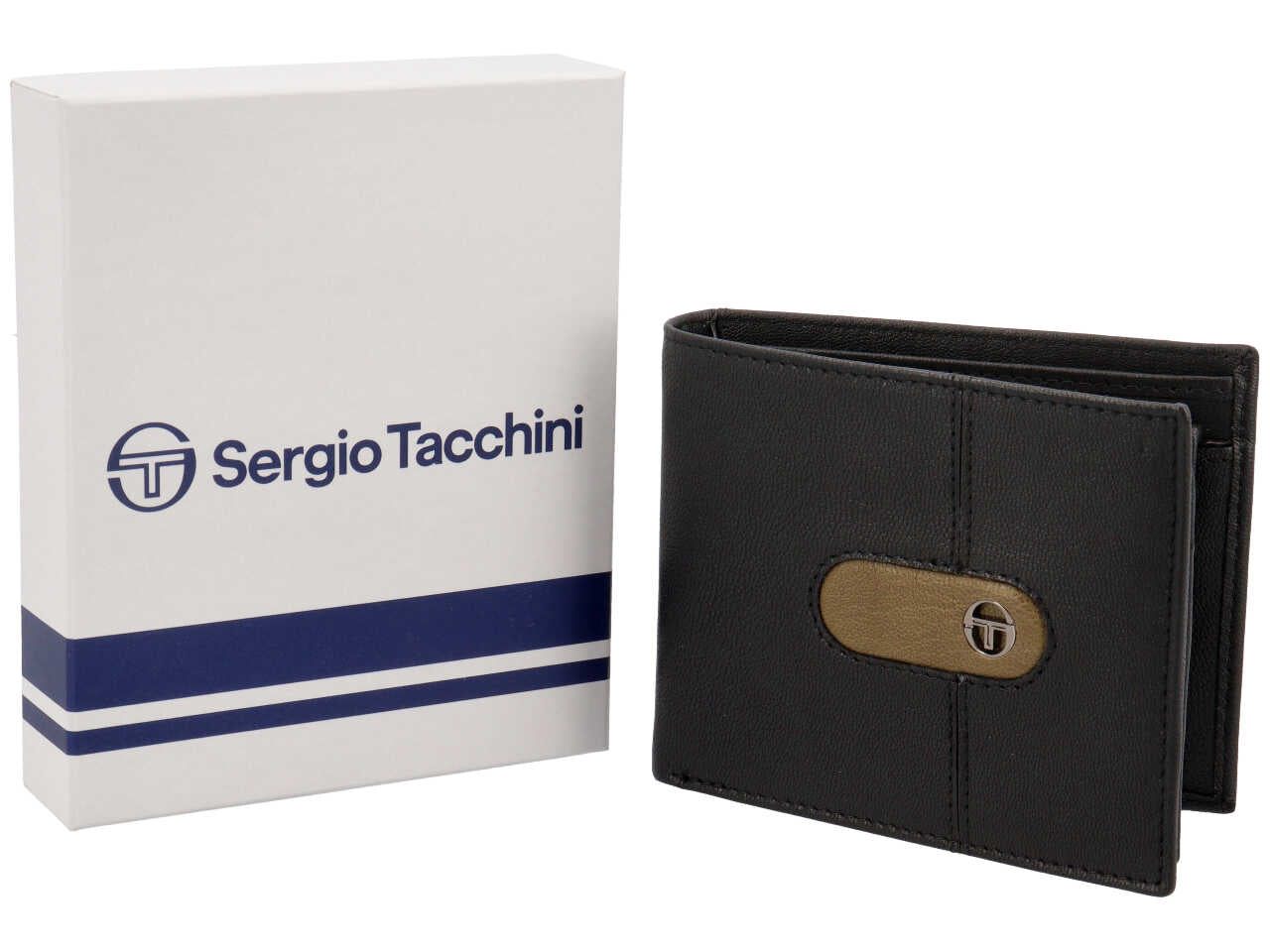 Portafoglio da uomo in pelle nero con inserto verde oliva, 9x11,5 cm - Sergio Tacchini