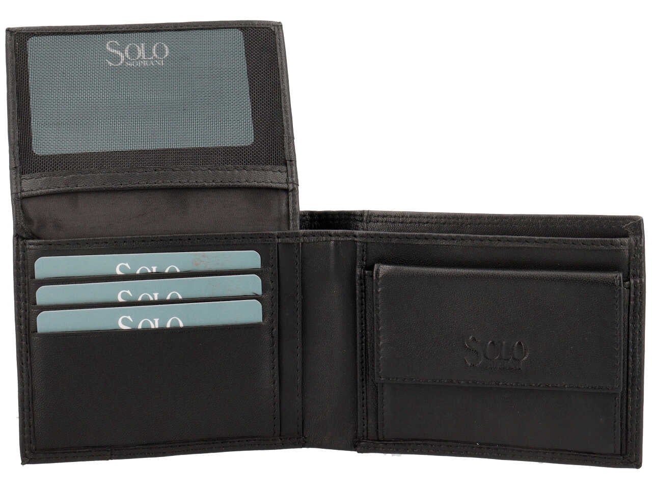 Portafoglio da uomo in pelle nero e inserto bianco con portamonete, 9,5x12 cm - Solo Soprani