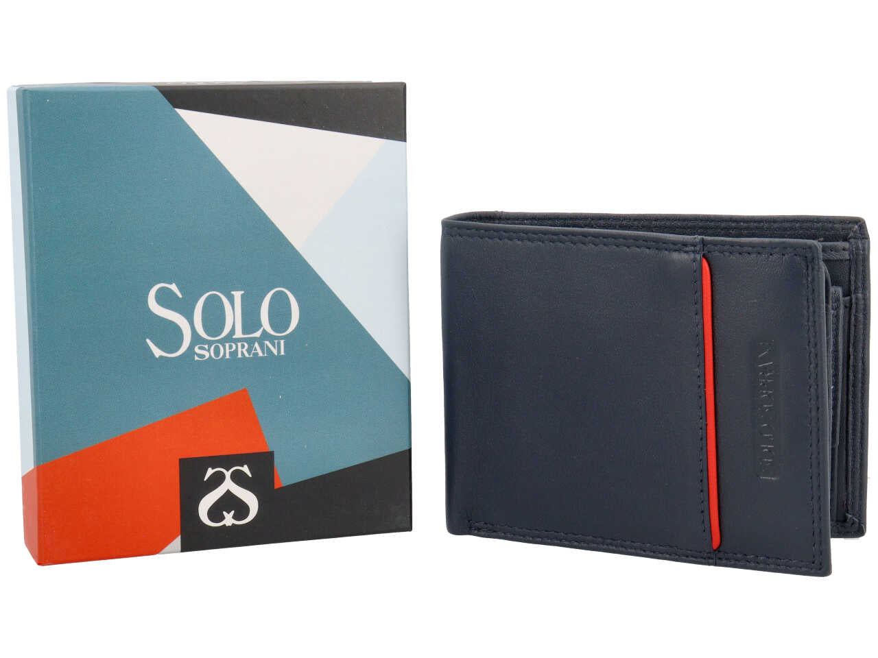Portafoglio da uomo in pelle blu e inserto rosso con portamonete, 9,5x12 cm - Solo Soprani