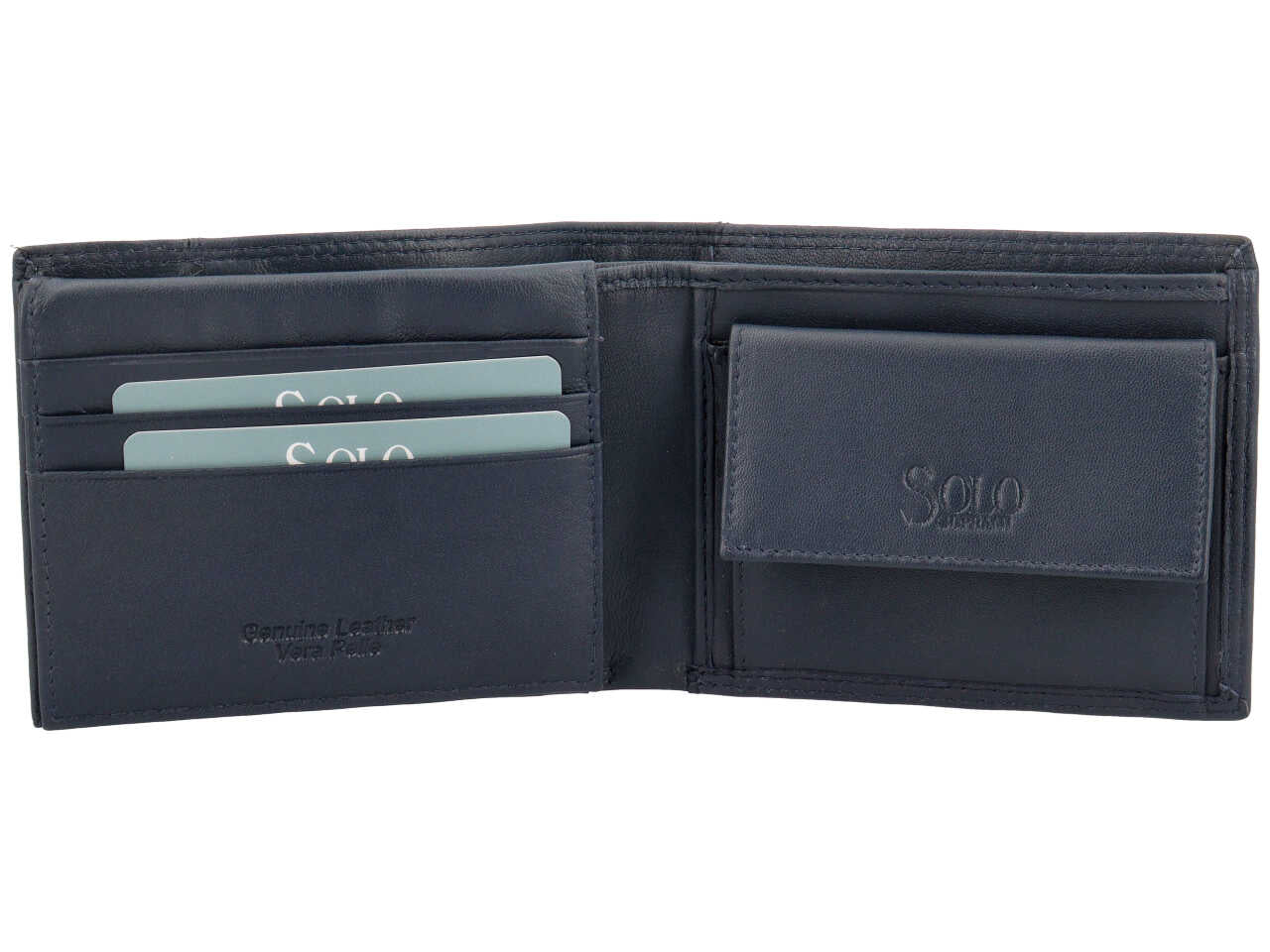 Portafoglio da uomo in pelle blu e inserto rosso con portamonete, 9,5x12 cm - Solo Soprani