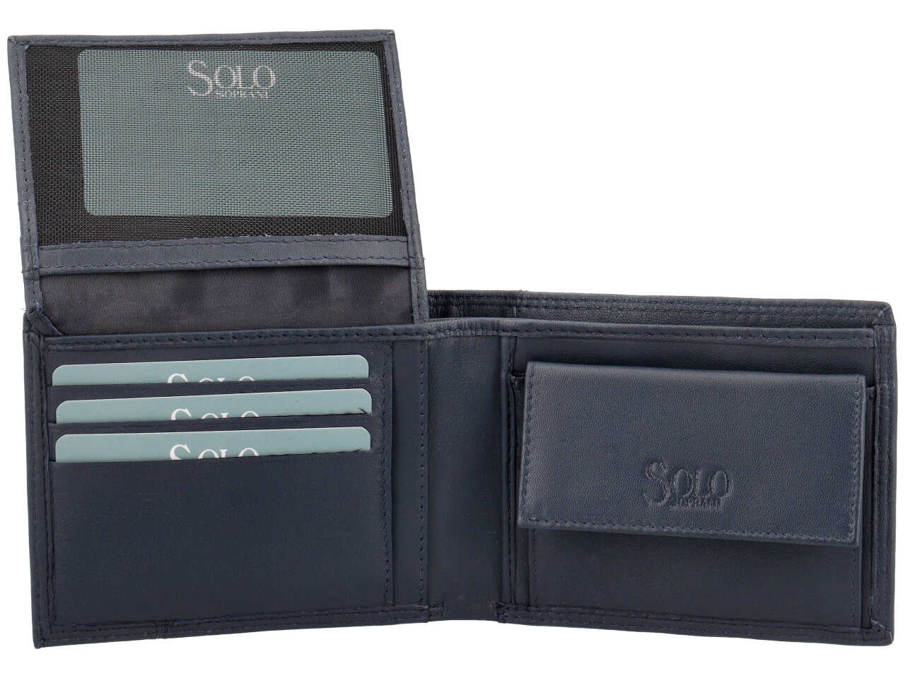 Portafoglio da uomo in pelle blu e inserto rosso con portamonete, 9,5x12 cm - Solo Soprani