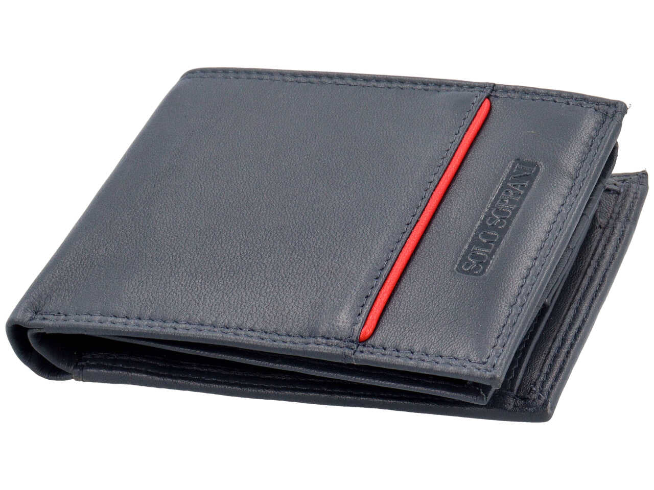 Portafoglio da uomo in pelle blu e inserto rosso con portamonete, 9,5x12 cm - Solo Soprani