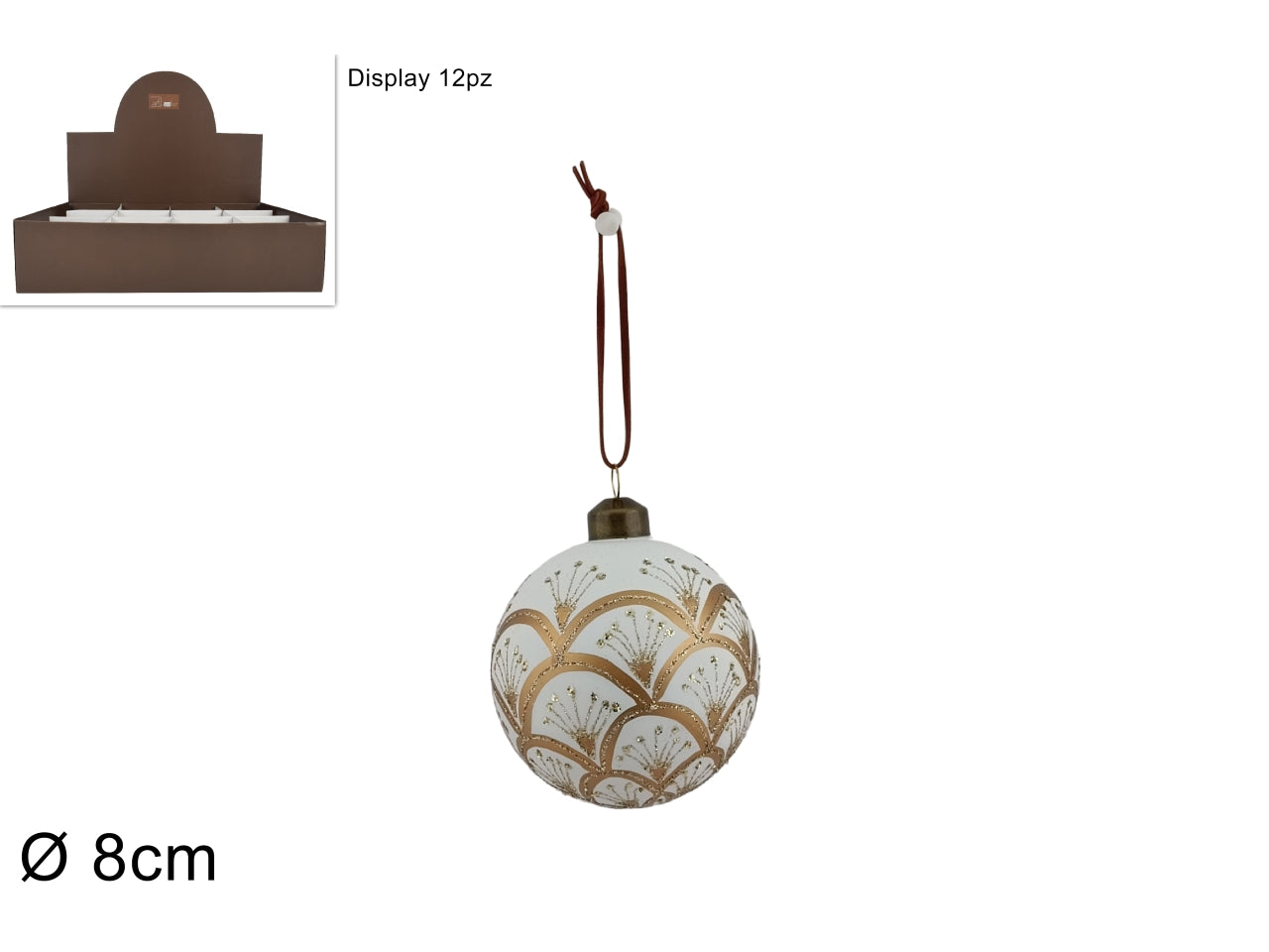 Palla di natale in vetro 8cm bianca con decoro oro