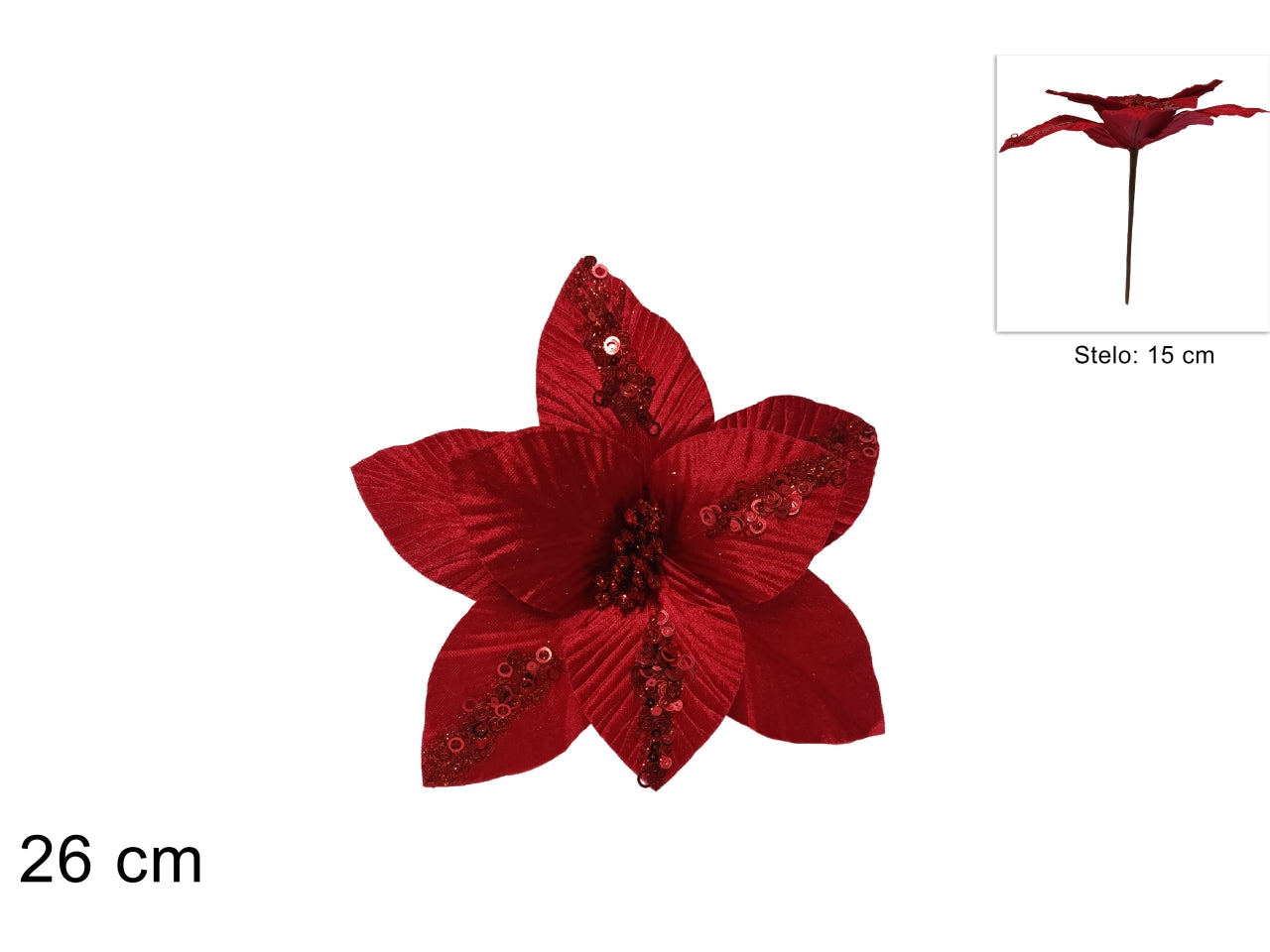Fiore natalizio con paillettes 26cm rosso