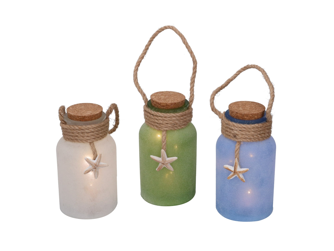 Bottiglia decorativa in vetro satinato con tappo in sughero, stile marinaro con LED, in 3 colori assortiti - 8,5x15cm - Vacchetti