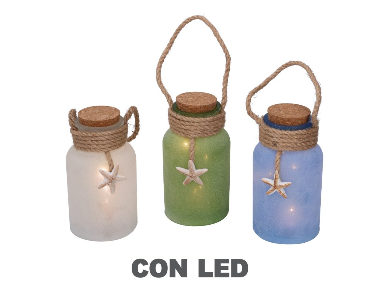 Bottiglia decorativa in vetro satinato con tappo in sughero, stile marinaro con LED, in 3 colori assortiti - 8,5x15cm - Vacchetti