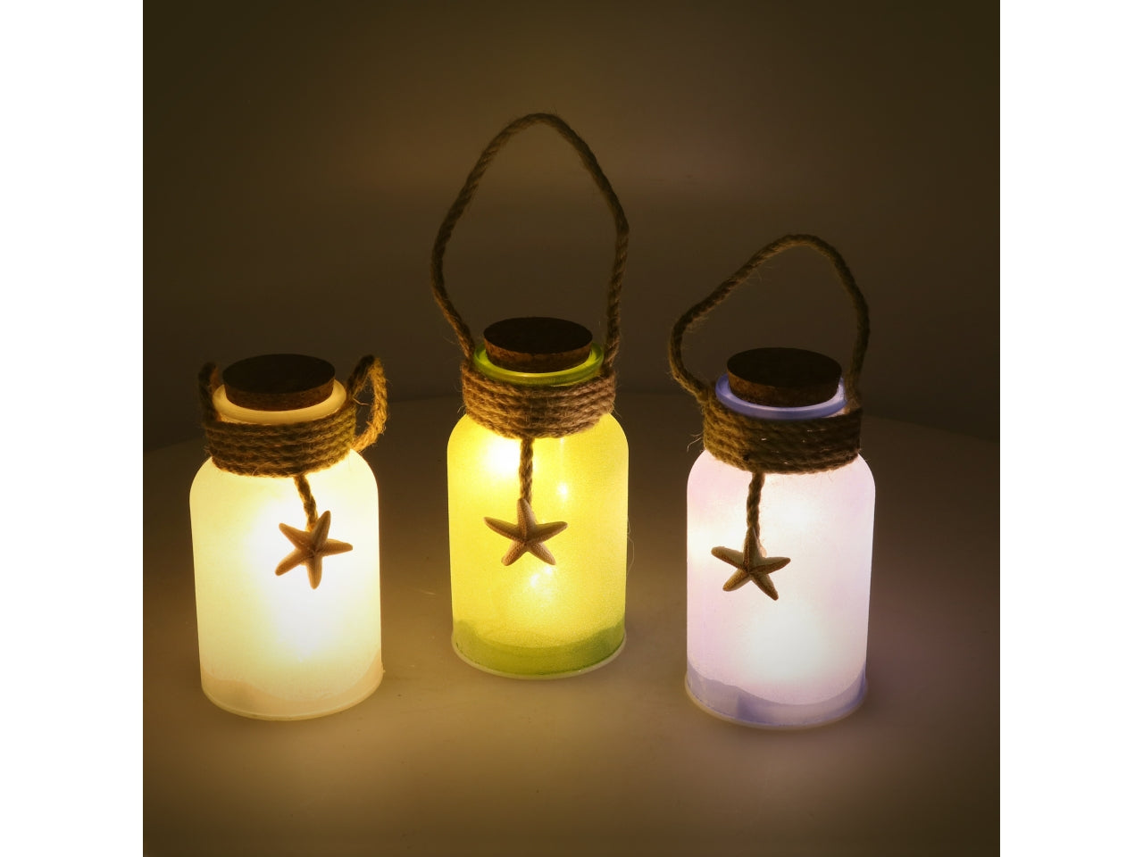 Bottiglia decorativa in vetro satinato con tappo in sughero, stile marinaro con LED, in 3 colori assortiti - 8,5x15cm - Vacchetti