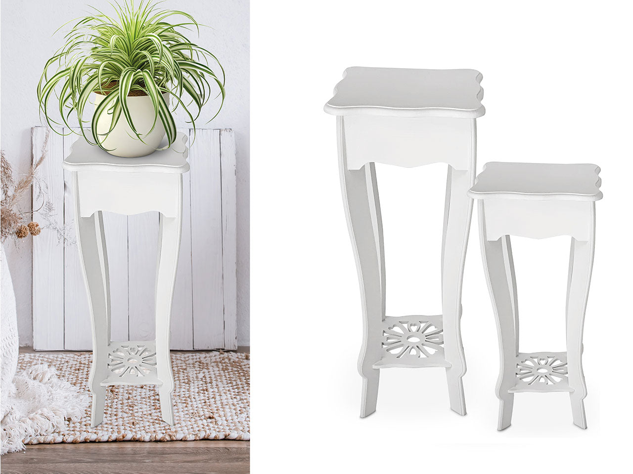Set 2 tavolini in legno shabby chic bianchi con base inferiore intagliata a fiore - grande:30x30x78 cm, piccolo 24x24x62 cm - Giardini di Marzo