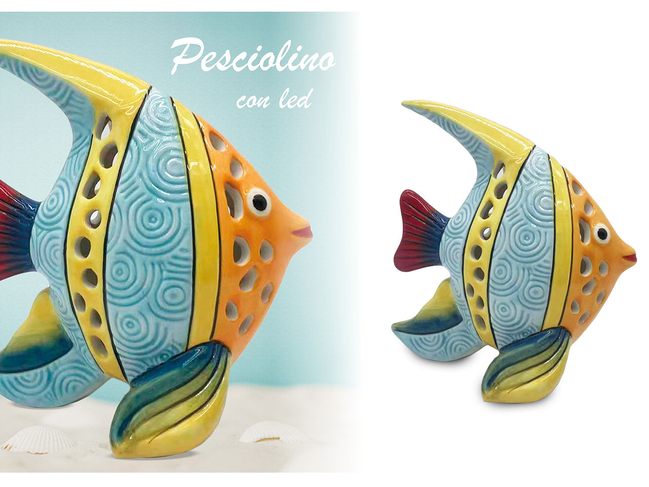 Statua pesce con led scultura in ceramica stile marinaro multicolor 17x12x18 cm - Giardini di Marzo