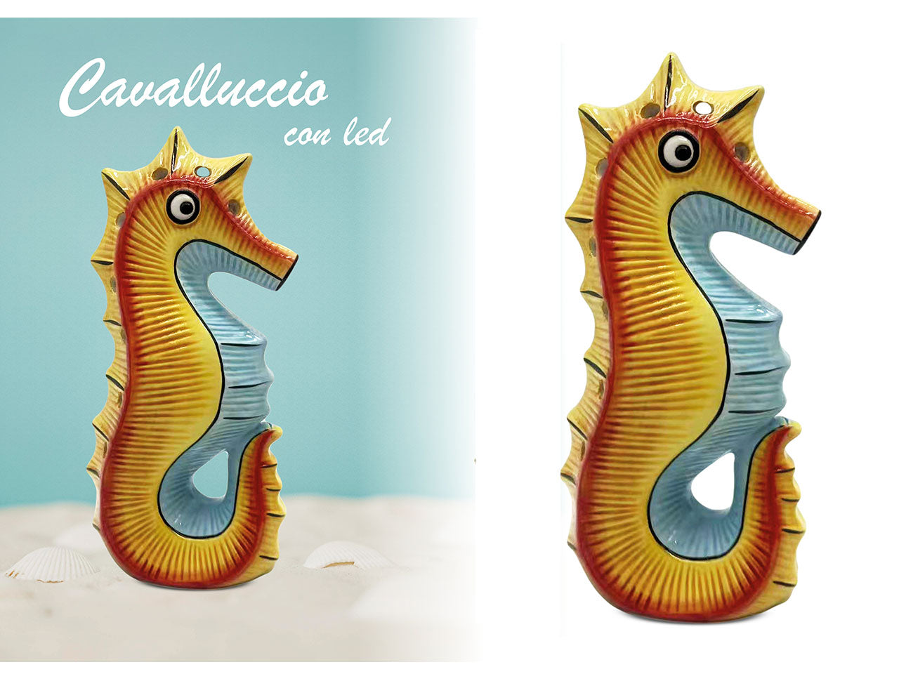 Statua cavalluccio marino con led scultura in ceramica stile marinaro multicolor 11x7x22,5 cm - Giardini di Marzo