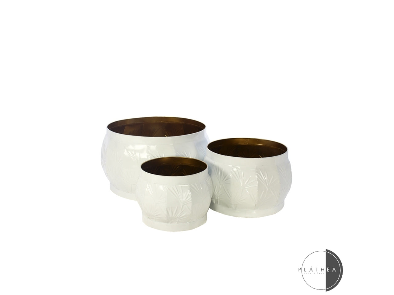 Set da 3 - Cachepot vaso porta piante vintage, in metallo bianco con fantasia fiori stilizzati - altezze 22,5/17,5/15,5cm - Plàthea