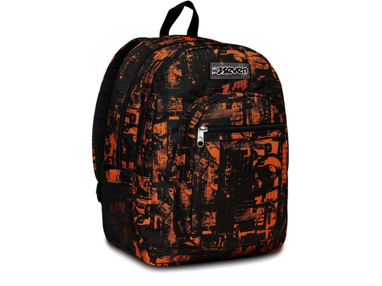 Zaino Seven Freethink Boy doppio scomparto in tessuto nero e arancio con uscita USB, 33x44x20 cm, 34 lt