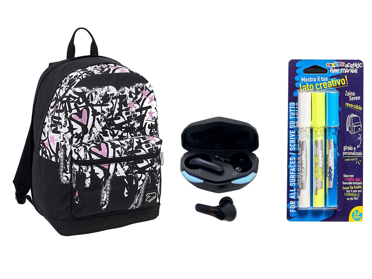 Zaino americano Seven reversible new backpack grs in tessuto in colori assortiti, auricolari wireless e pennarelli inclusi, 33x44x16 cm