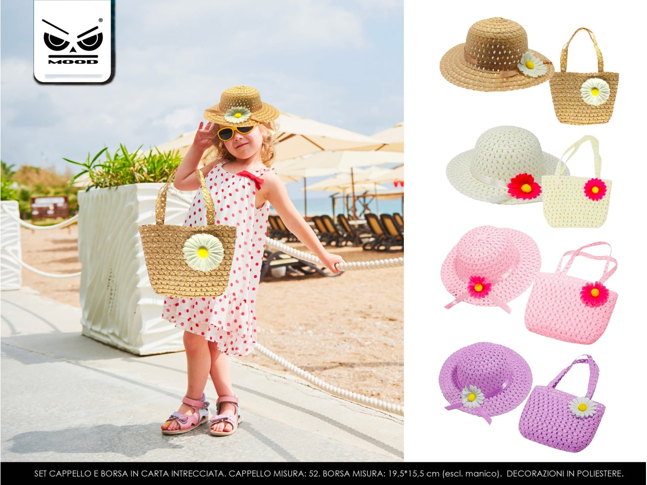 Cappello e borsa bambina carta intrecciata 4 colori assortiti - Mood