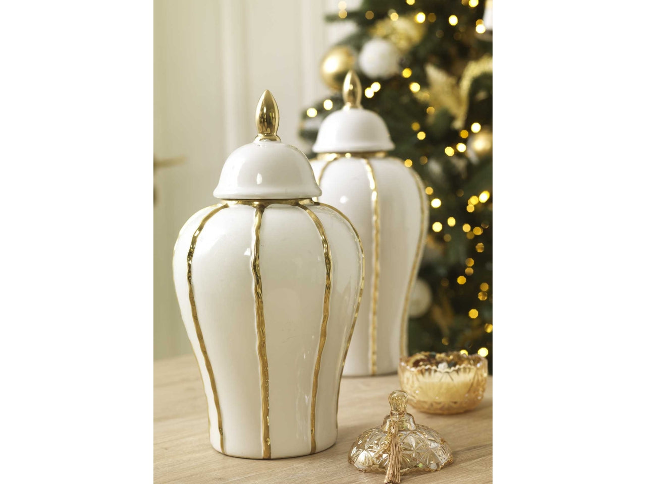 Vaso con coperchio in ceramica bianco e dorato 19,5x36,5 cm - Vacchetti