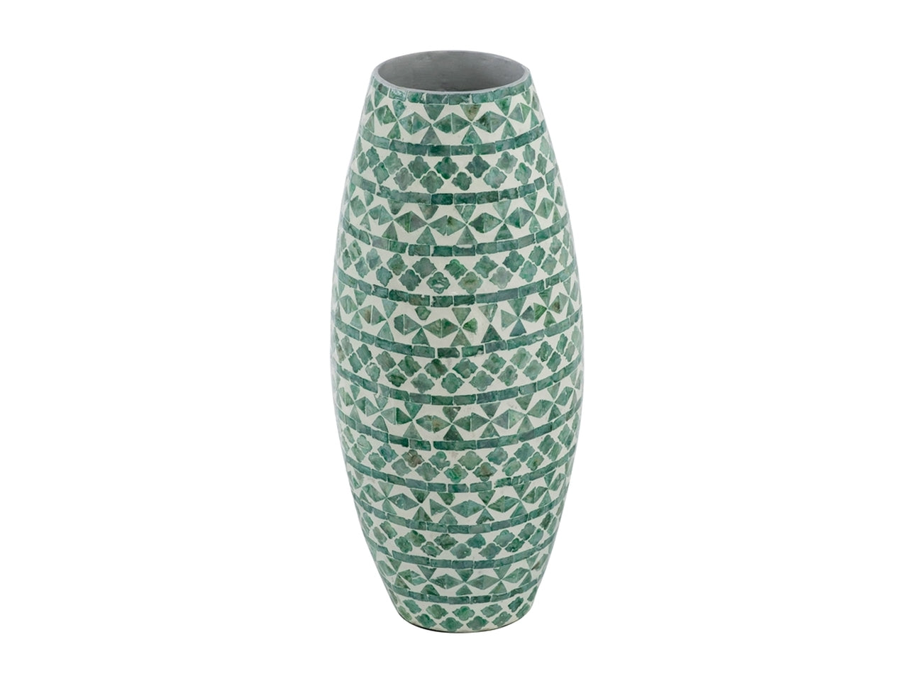 Vaso decorativo da interno etnico in cartapesta e conchiglie verde Tiffany e avorio forma cilindrica con effetto mosaico madreperla - altezza 50 cm, diametro 20 cm, brand Plàthea